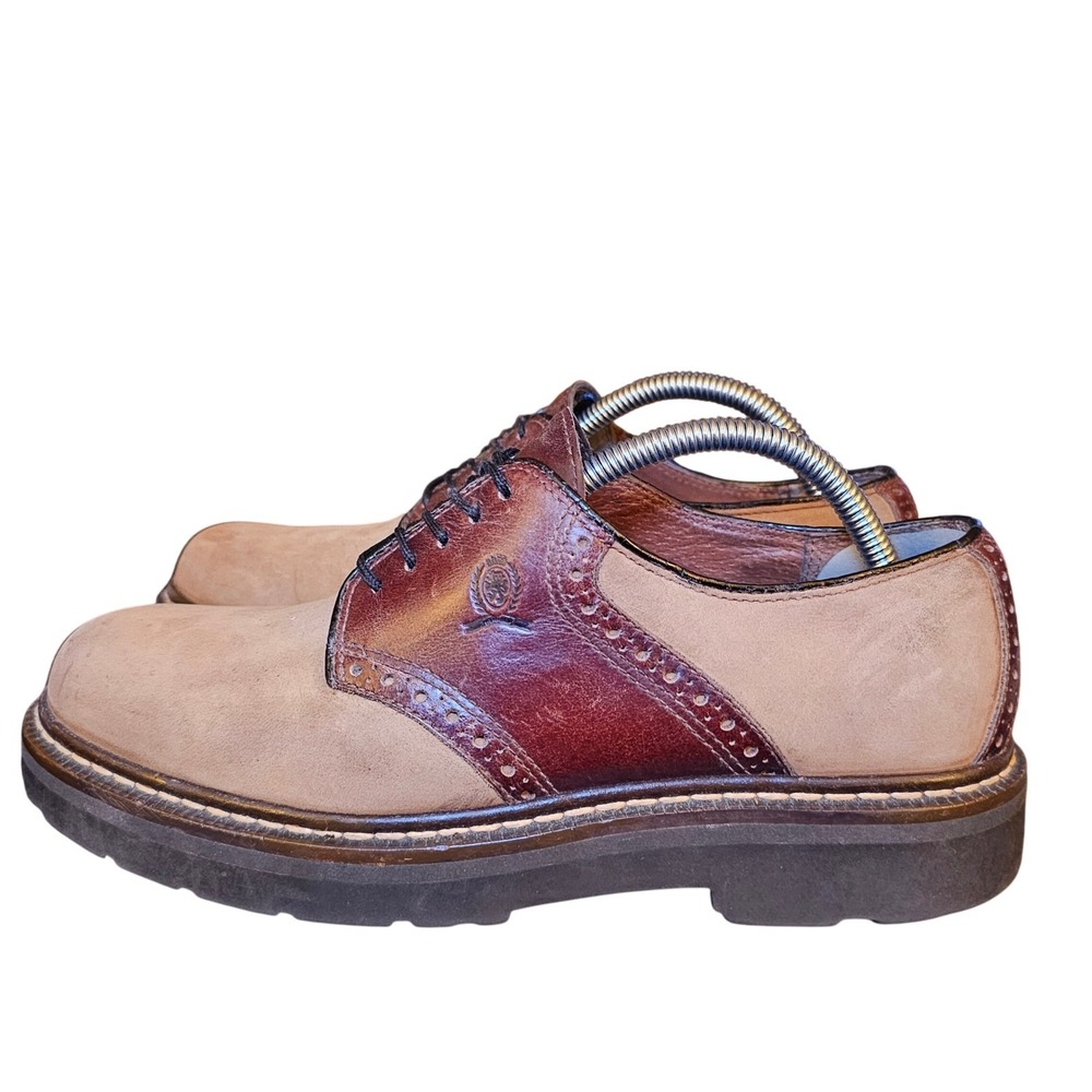 90s Vintage Tommy Hilfiger Men Saddle Shoe Tan Leather Suede Lace Up Size‎ 7.5 M